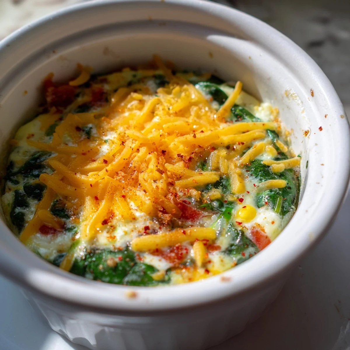 Creamy baked cottage cheese eggs with cheddar cheese and paprika served hot from oven