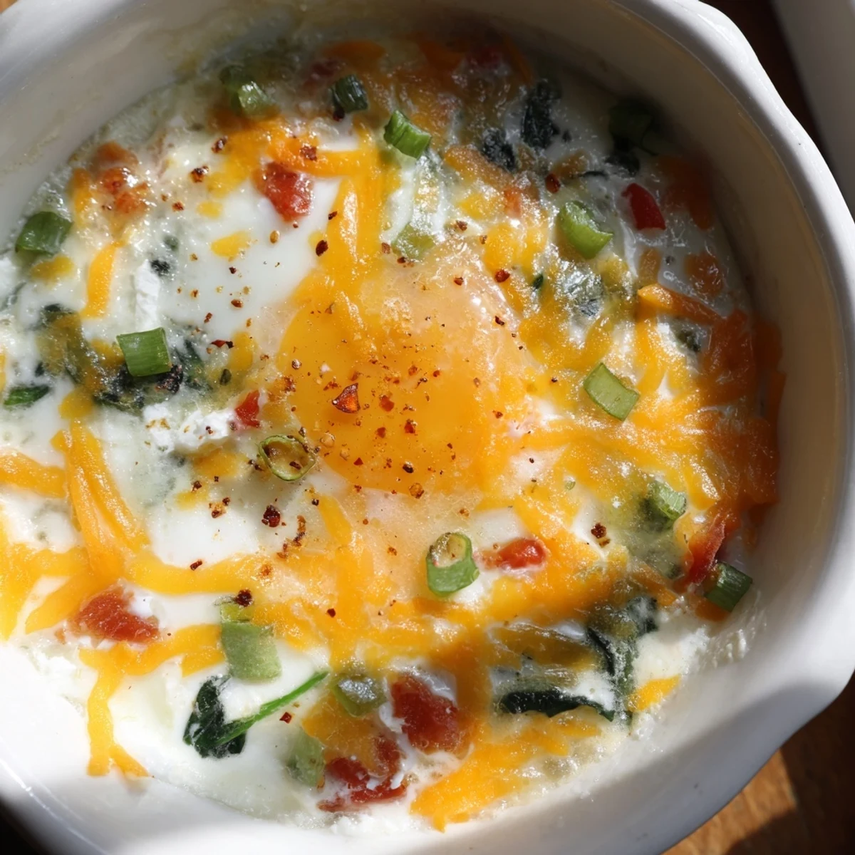 Protein-rich baked cottage cheese eggs featuring runny yolks and fresh scallions for breakfast