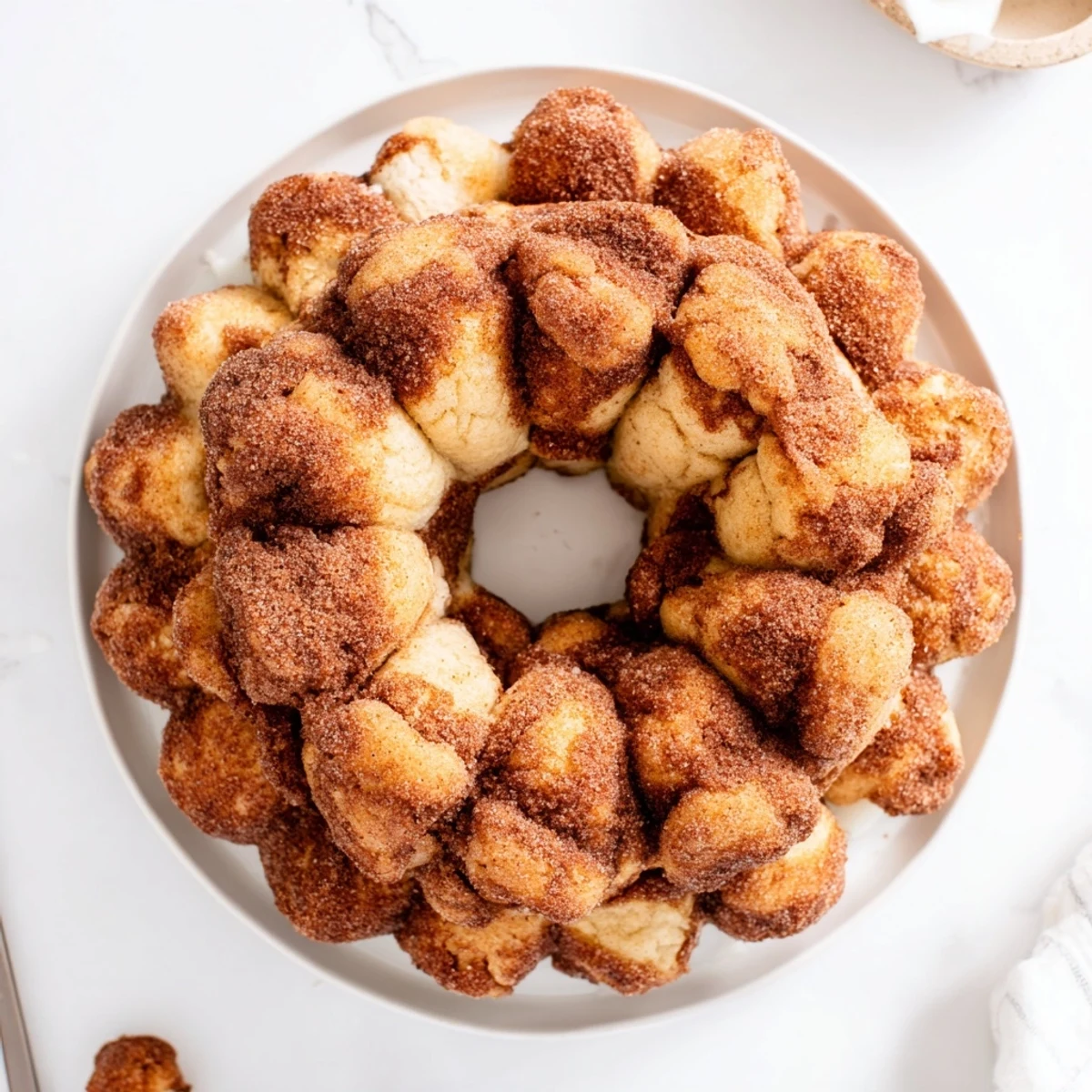 Pull-apart sugar-free monkey bread pieces drizzled with creamy vanilla glaze on a white plate
