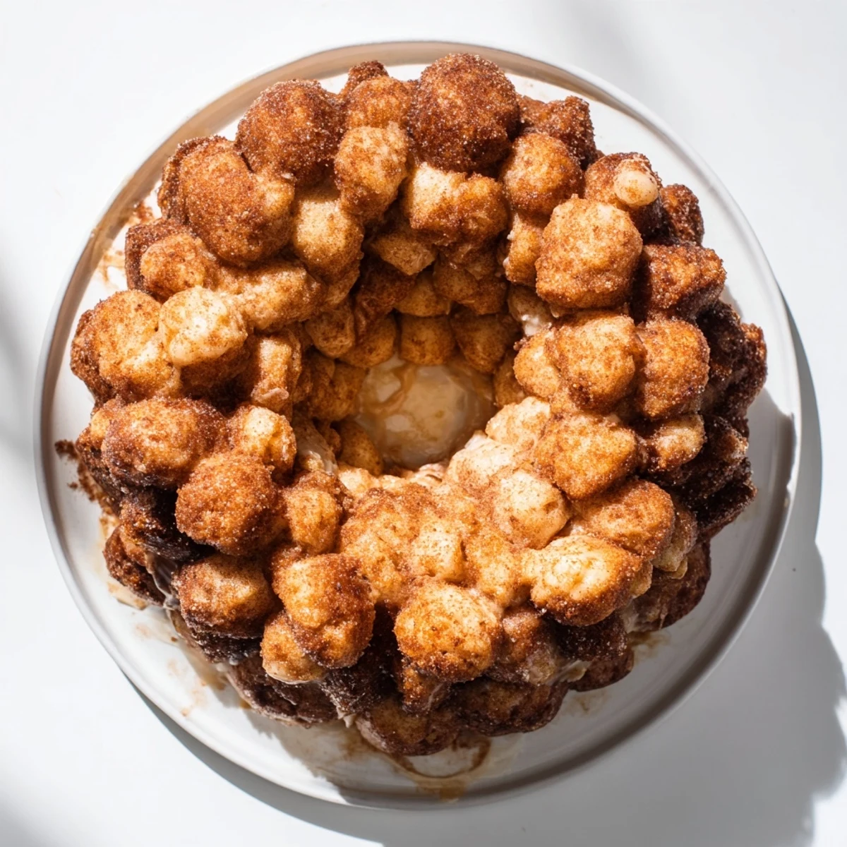 Warm high protein monkey bread bites sprinkled with cinnamon sugar substitute in a baking dish
