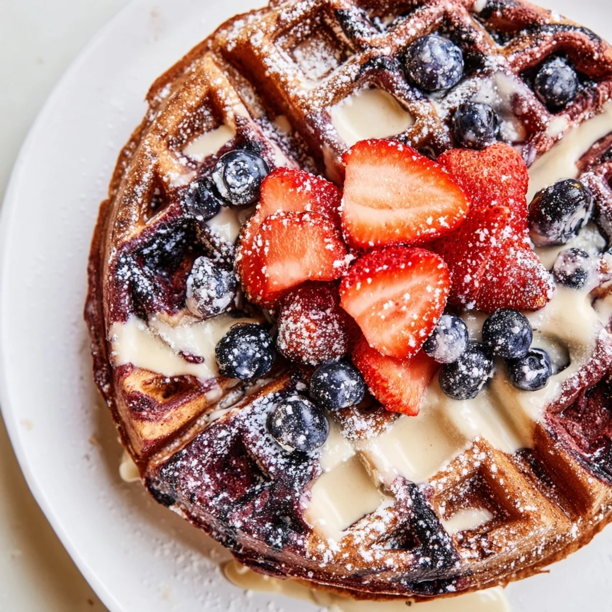 Golden red velvet marble waffles with swirling vanilla patterns on a white plate