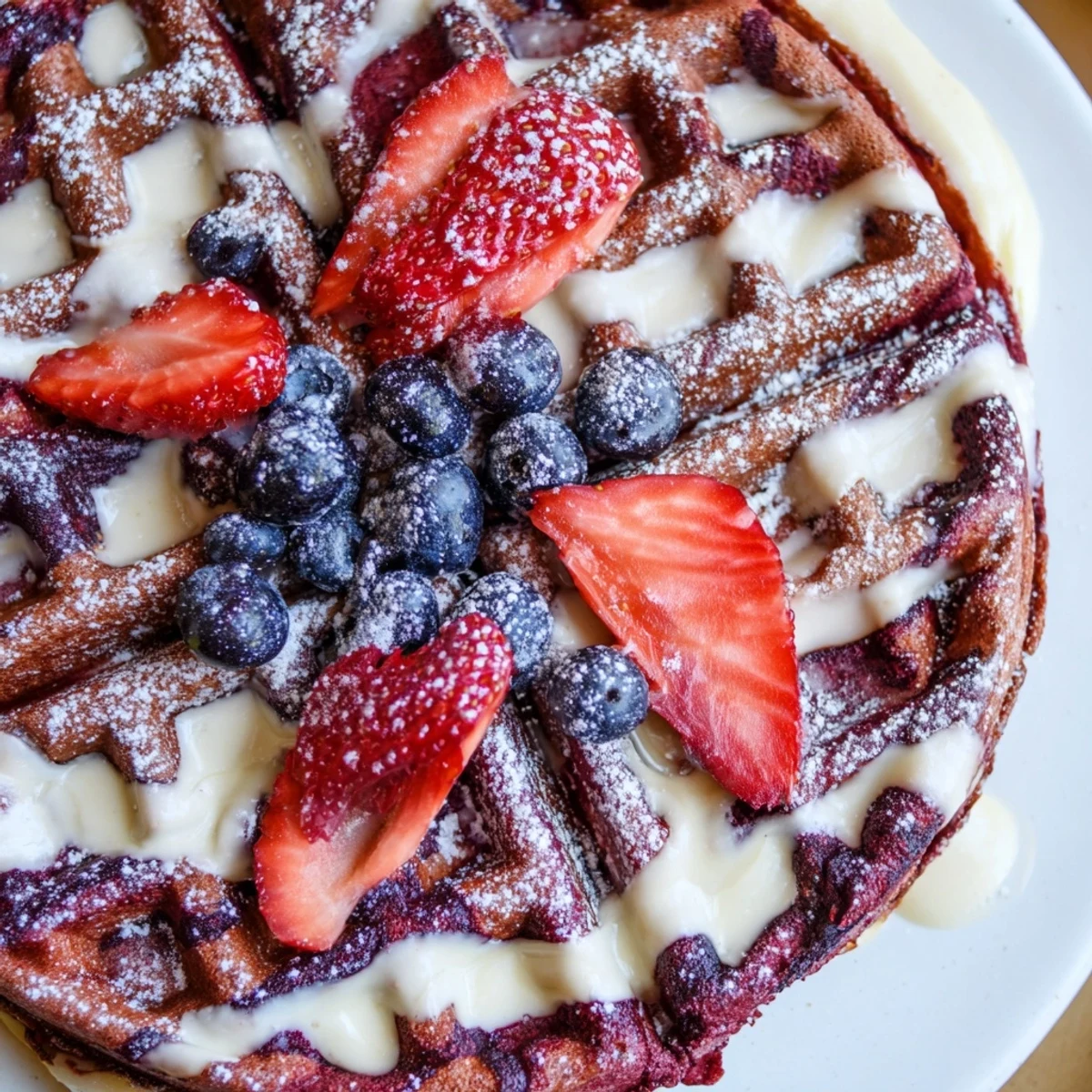 Fluffy breakfast red velvet marble waffles drizzled with warm maple syrup