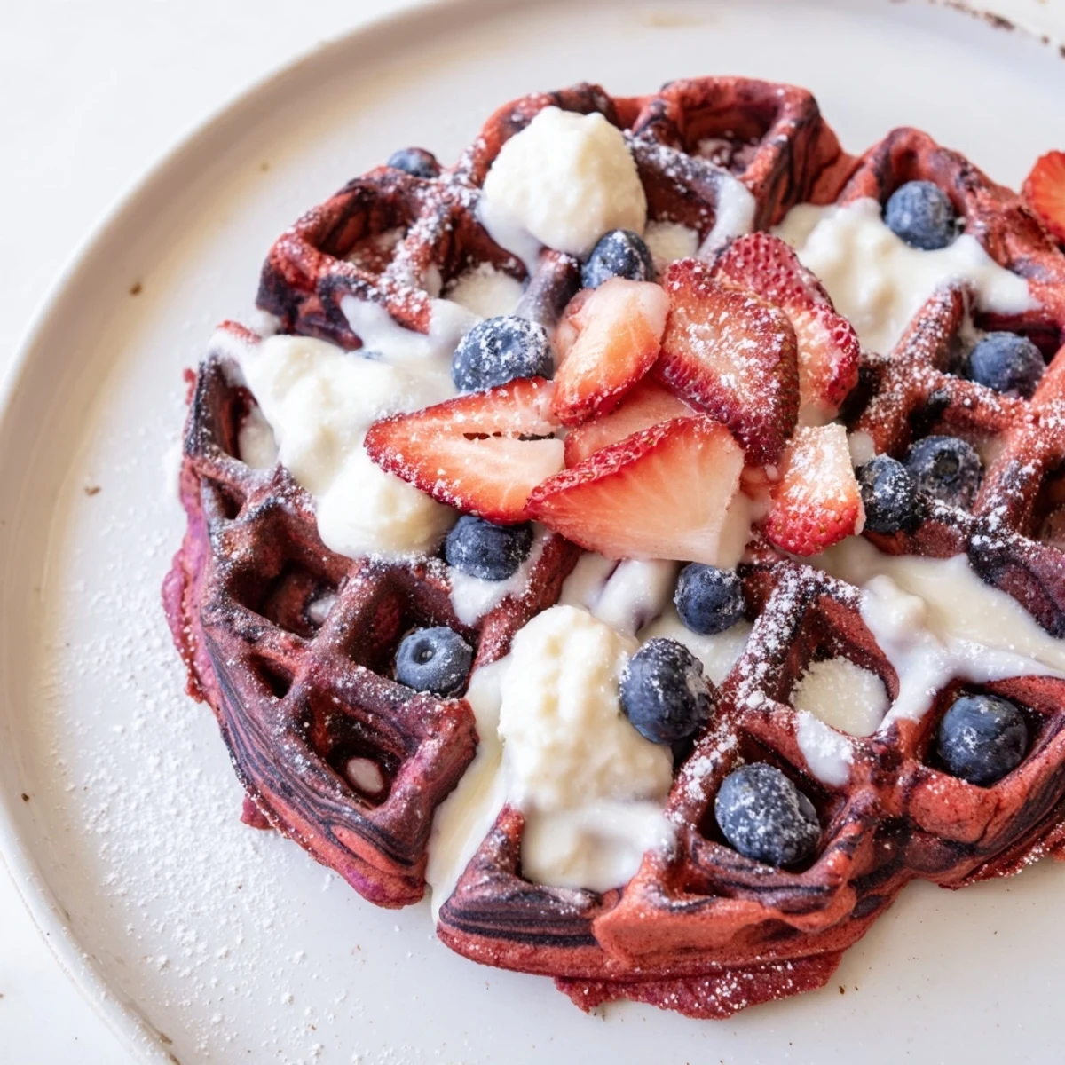 Crispy homemade red velvet marble waffles topped with fresh berries and powdered sugar