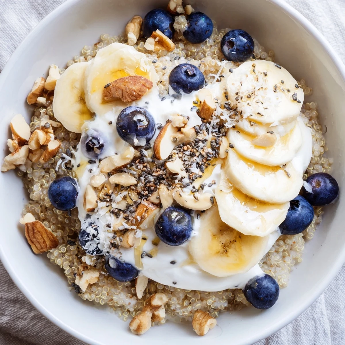 Golden quinoa breakfast bowl topped with fresh blueberries, banana slices, and crunchy almonds
