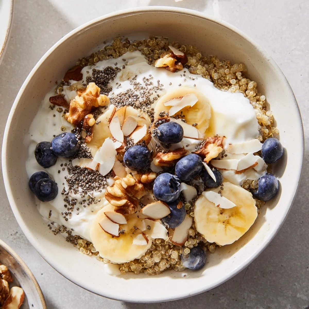 Creamy blueberry quinoa breakfast bowl drizzled with maple syrup and sprinkled with chia seeds