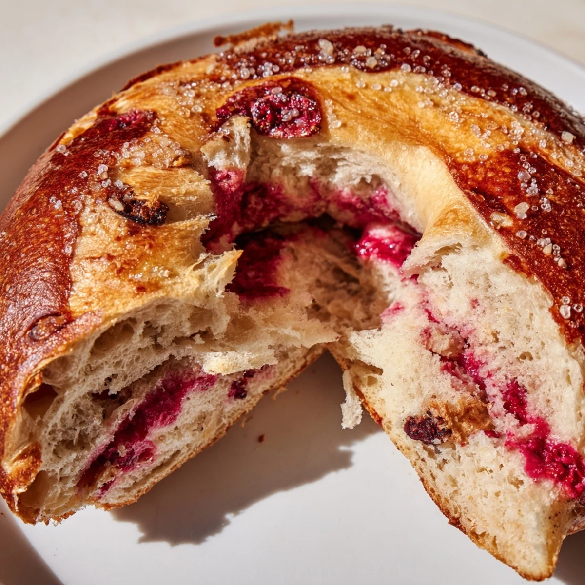 Golden brown raspberry sourdough bagels topped with demerara sugar on a wire rack