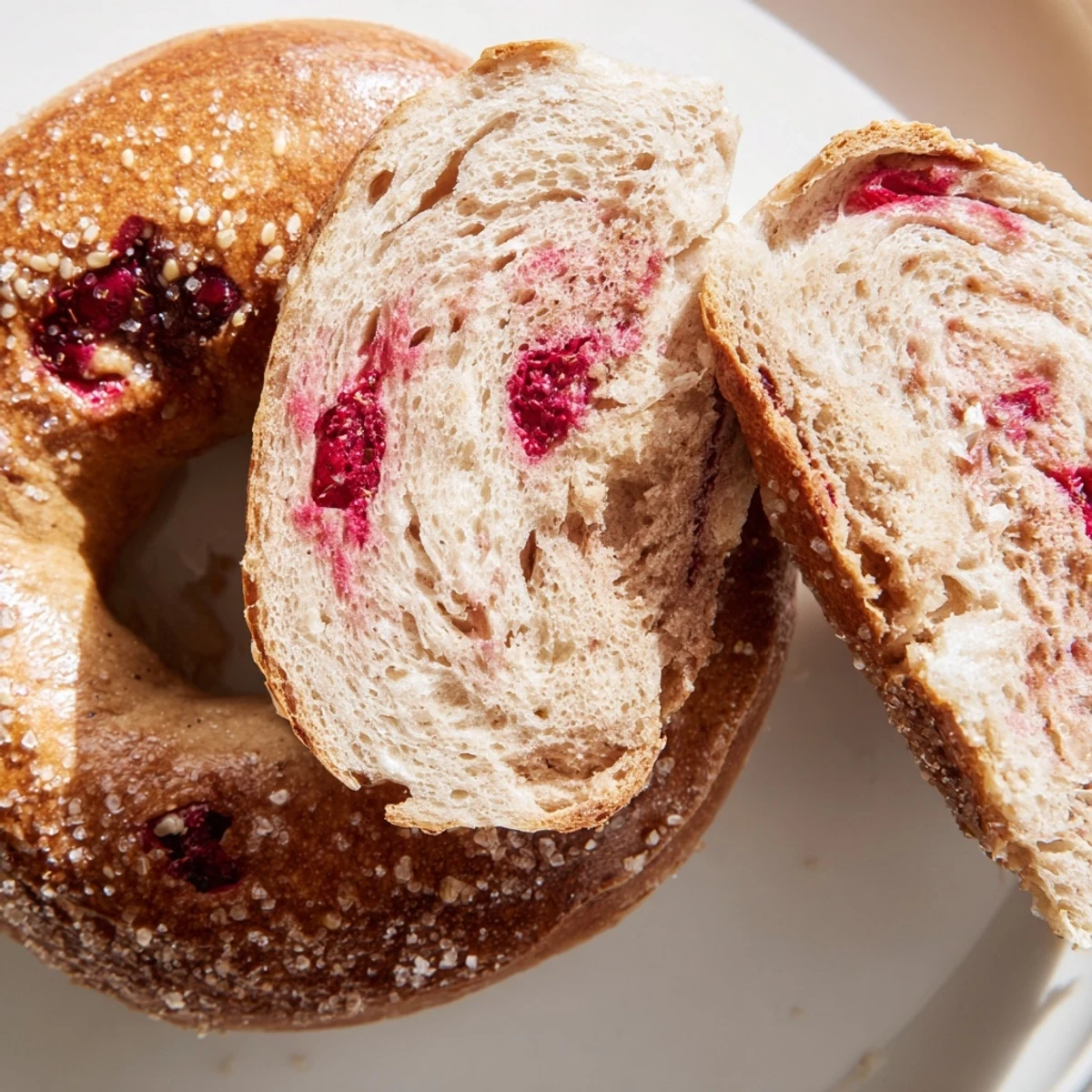 Freshly baked raspberry sourdough bagels with juicy fruit speckles ready for breakfast