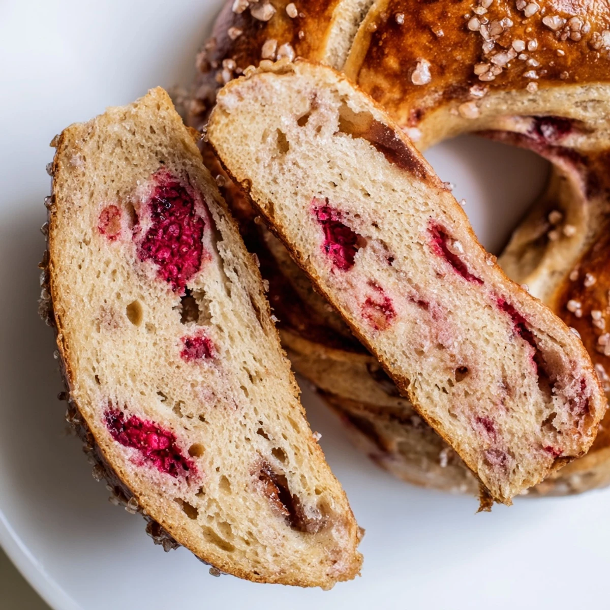 Boiled and baked raspberry sourdough bagels with chewy texture and sweet berries inside