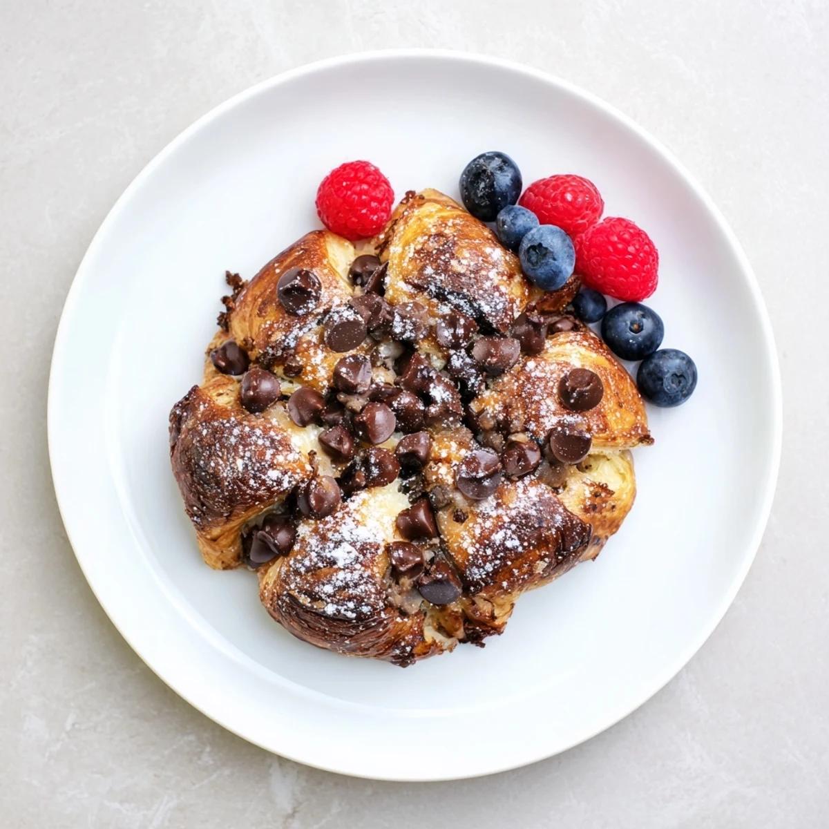 Golden chocolate croissant breakfast bake topped with powdered sugar in a warm baking dish