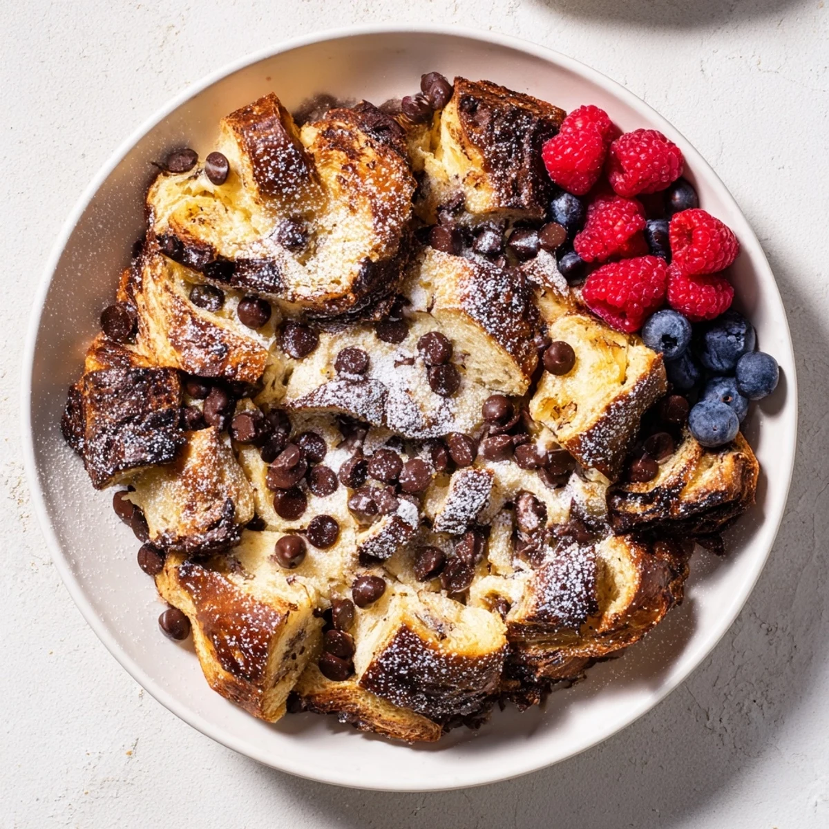 Chocolate croissant breakfast bake with melted chocolate pieces soaking in rich vanilla custard