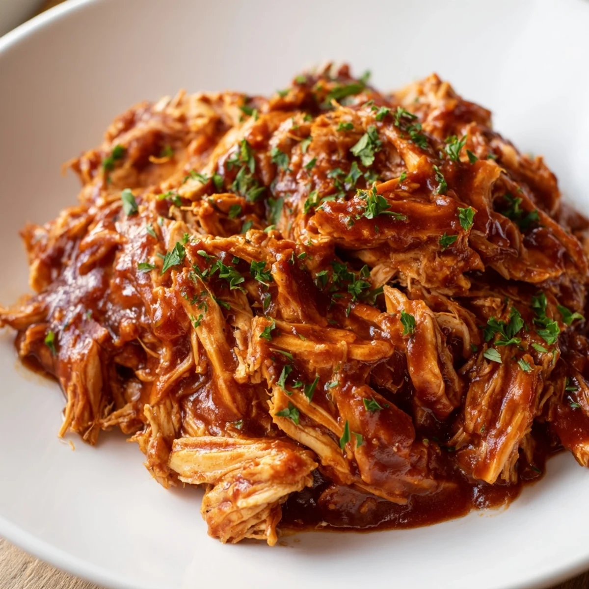 Tender Sweet Baby Ray's Crockpot Chicken glistening with rich barbecue sauce on a white plate