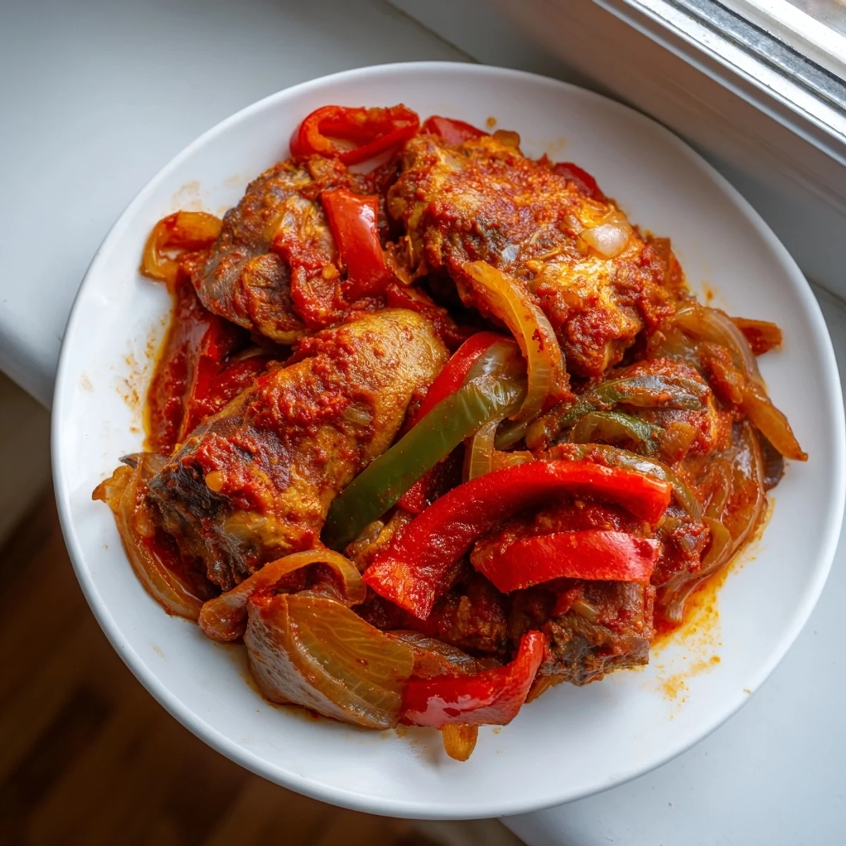 Tender Senegalese Chicken served over fluffy white rice with thick, flavorful tomato gravy