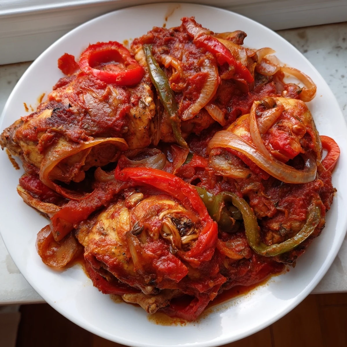 Senegalese Chicken simmered in rich tomato sauce with colorful bell peppers and aromatic spices