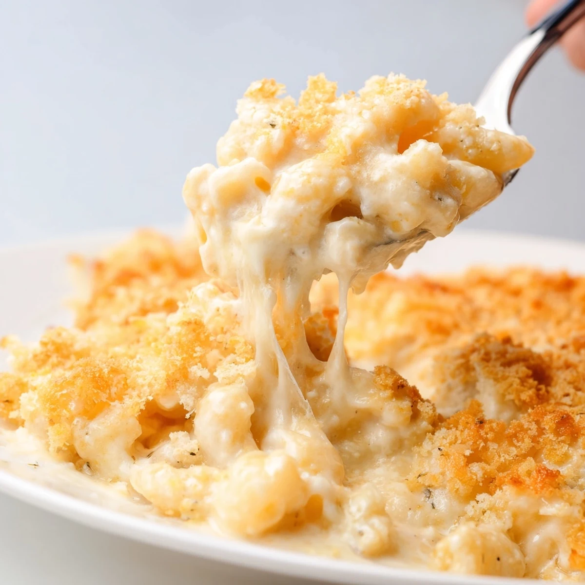 Golden three cheese baked macaroni with crispy panko topping bubbling in casserole dish