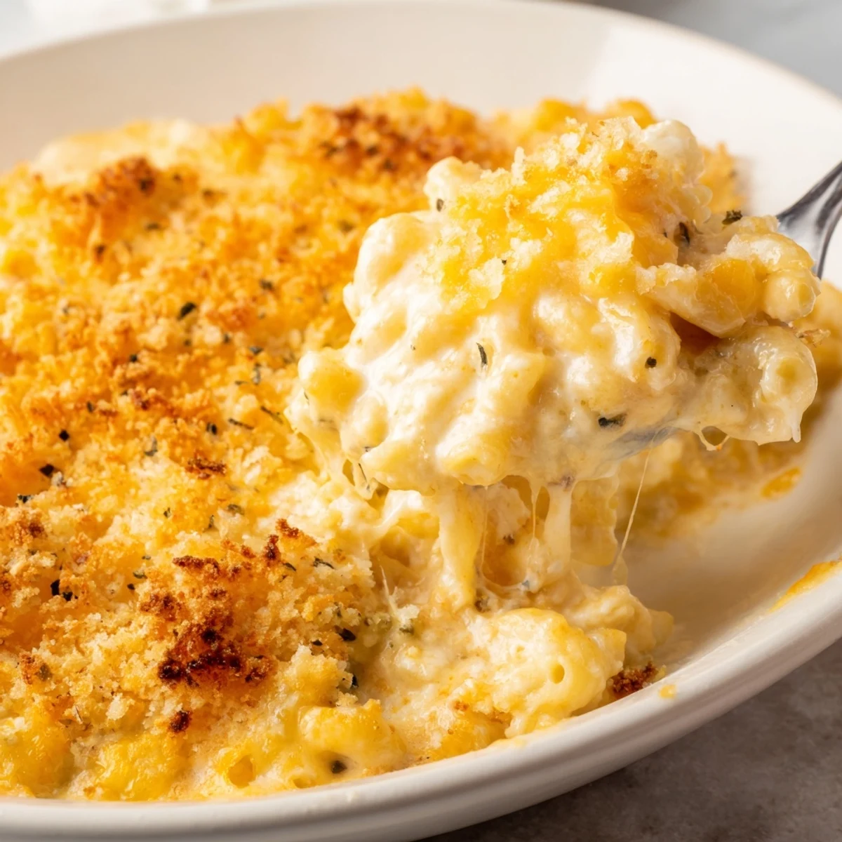 Creamy three cheese baked macaroni with gooey melted cheddar gruyère and mozzarella