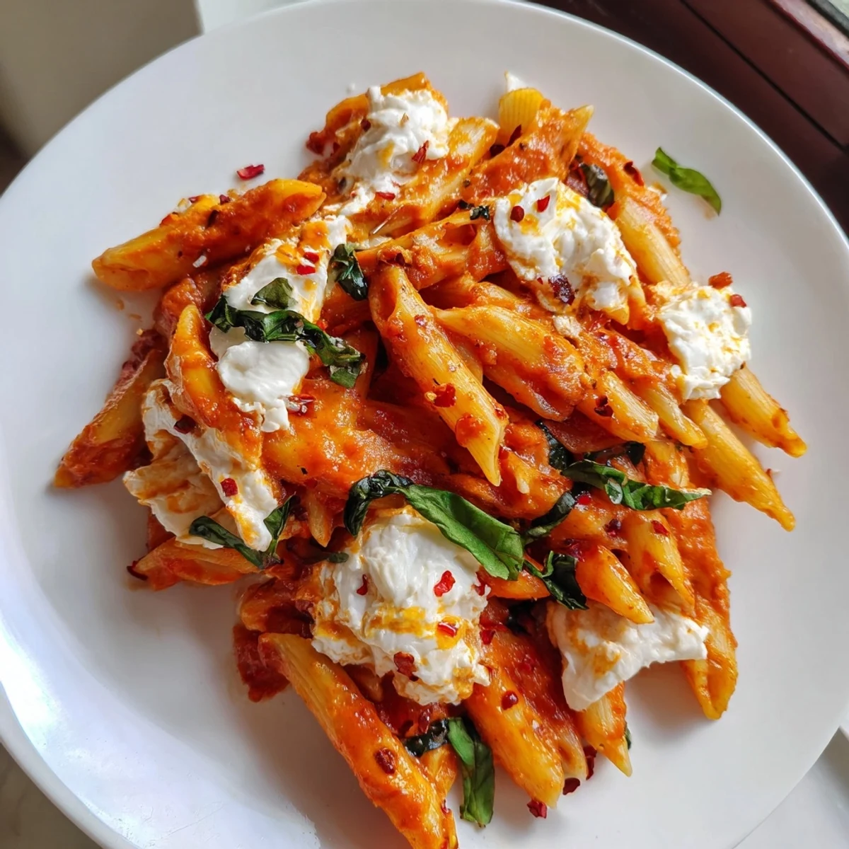 Creamy tomato garlic ricotta penne topped with fresh basil leaves and Parmesan cheese