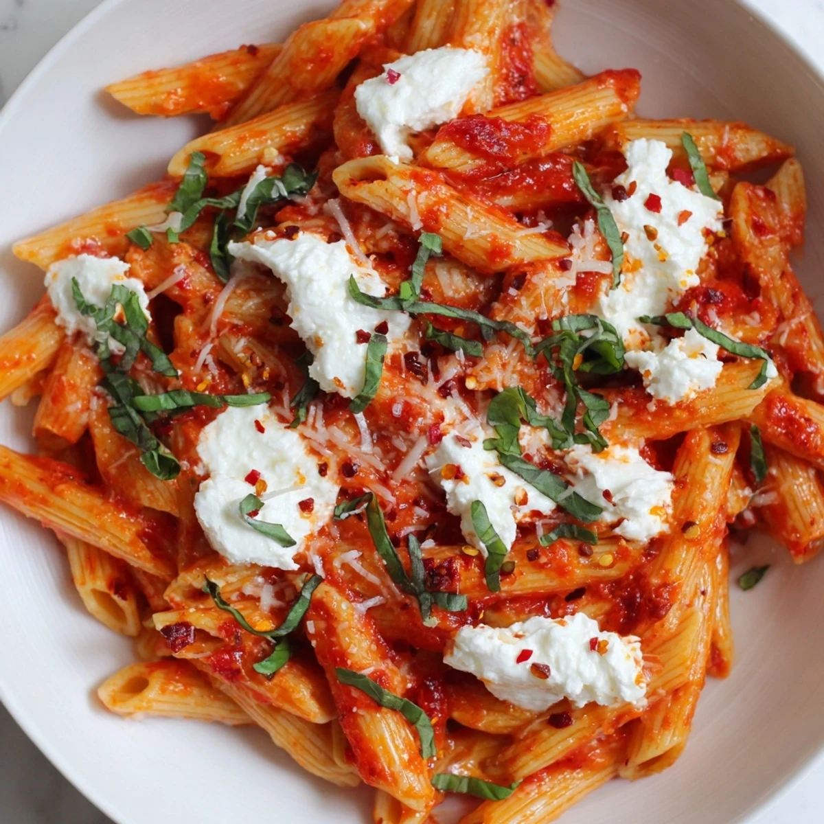 Tender penne pasta coated in rich tomato garlic sauce with fluffy ricotta dollops