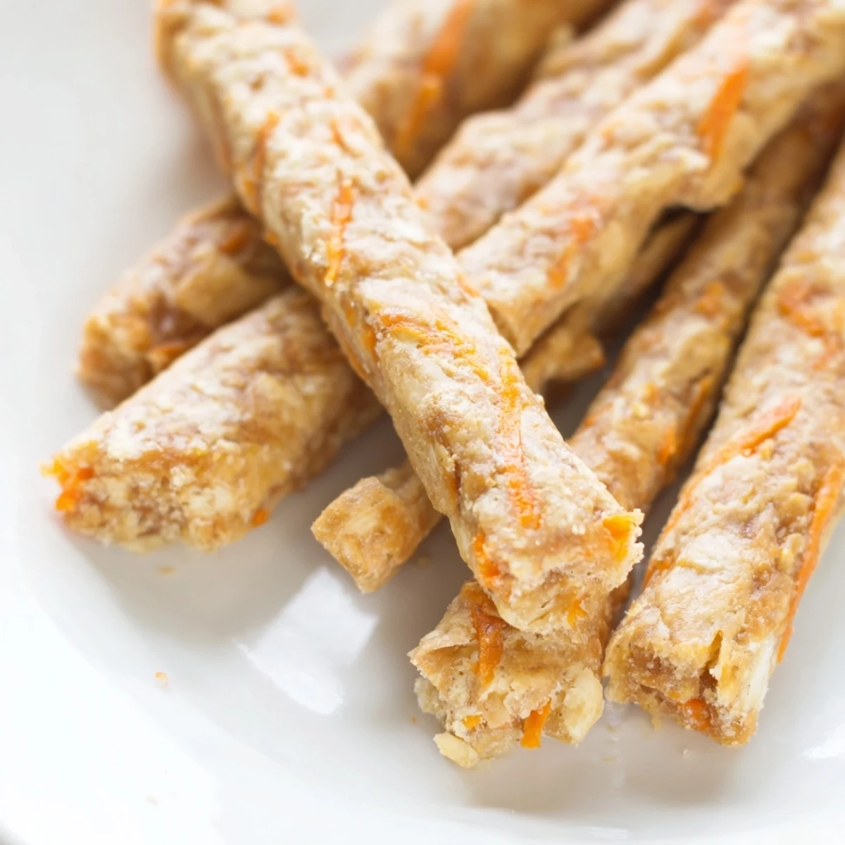 Golden homemade apple and carrot dog chew sticks arranged on a rustic wooden cutting board