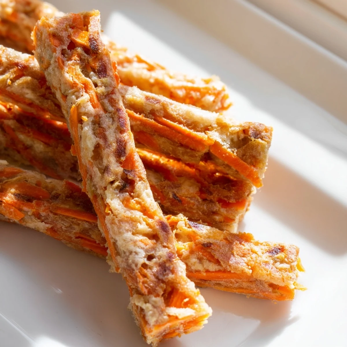 Crunchy baked apple and carrot dog treats with speckled orange and white flecks throughout