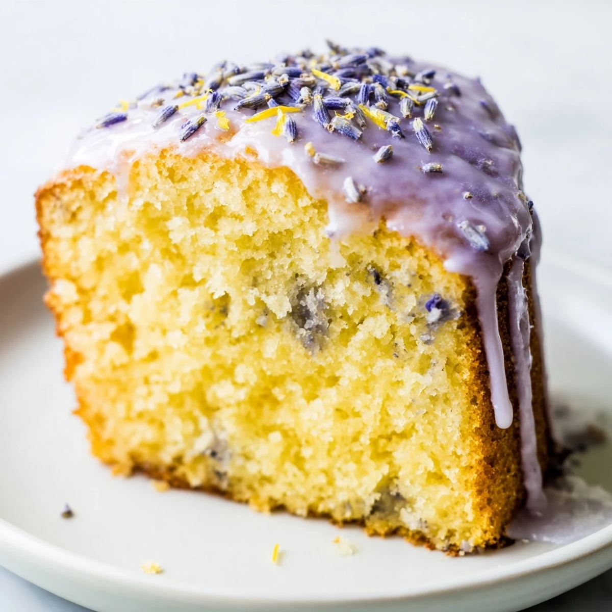 Lavender cake with lemon glaze drizzled over a tender golden crumb