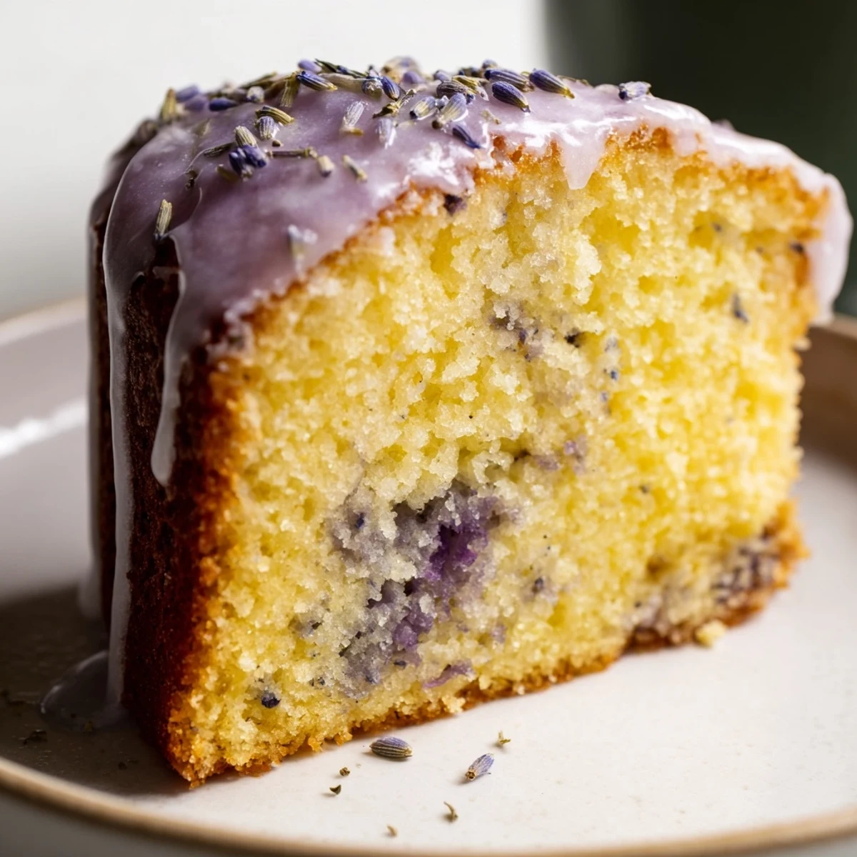 Soft lavender cake topped with sweet citrus icing and purple buds