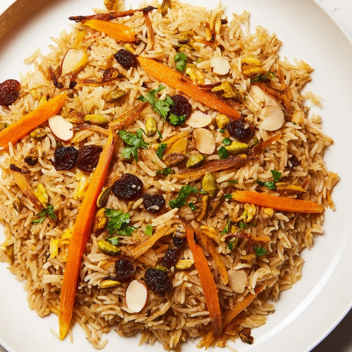 Golden Afghan rice topped with caramelized carrots, plump raisins, and fragrant warm spices