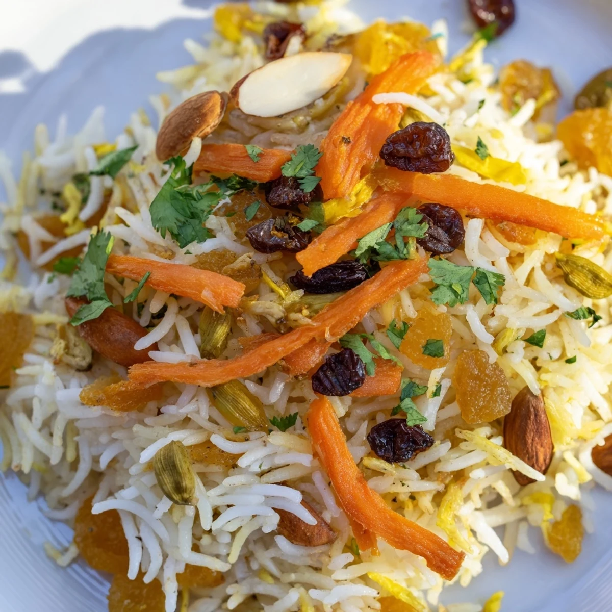 Fluffy Afghan rice pilaf garnished with toasted almonds and fresh green herbs
