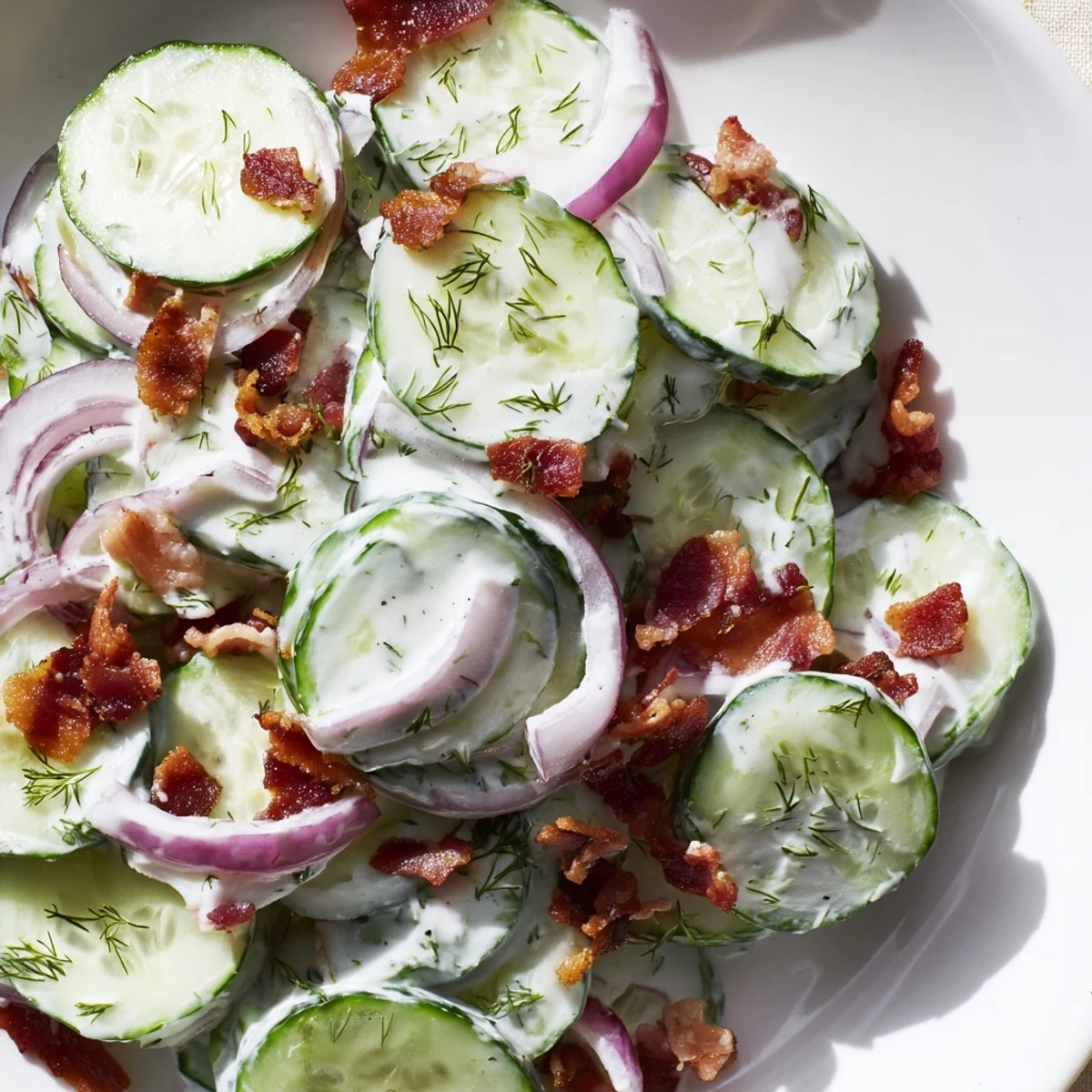 Crisp cucumber salad with smoky bacon crumbles tossed in creamy Greek yogurt dressing