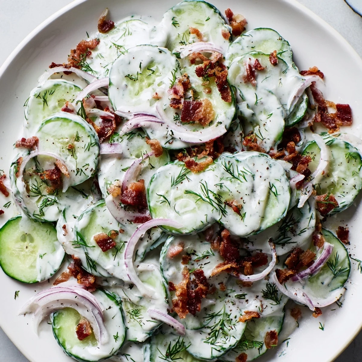 Healthy cucumber salad with bacon featuring thinly sliced red onion and fresh dill garnish