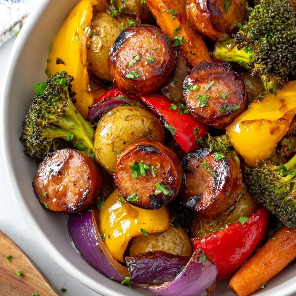 One Pan Honey Garlic Kielbasa Veggies roasted until golden and caramelized on a sheet pan