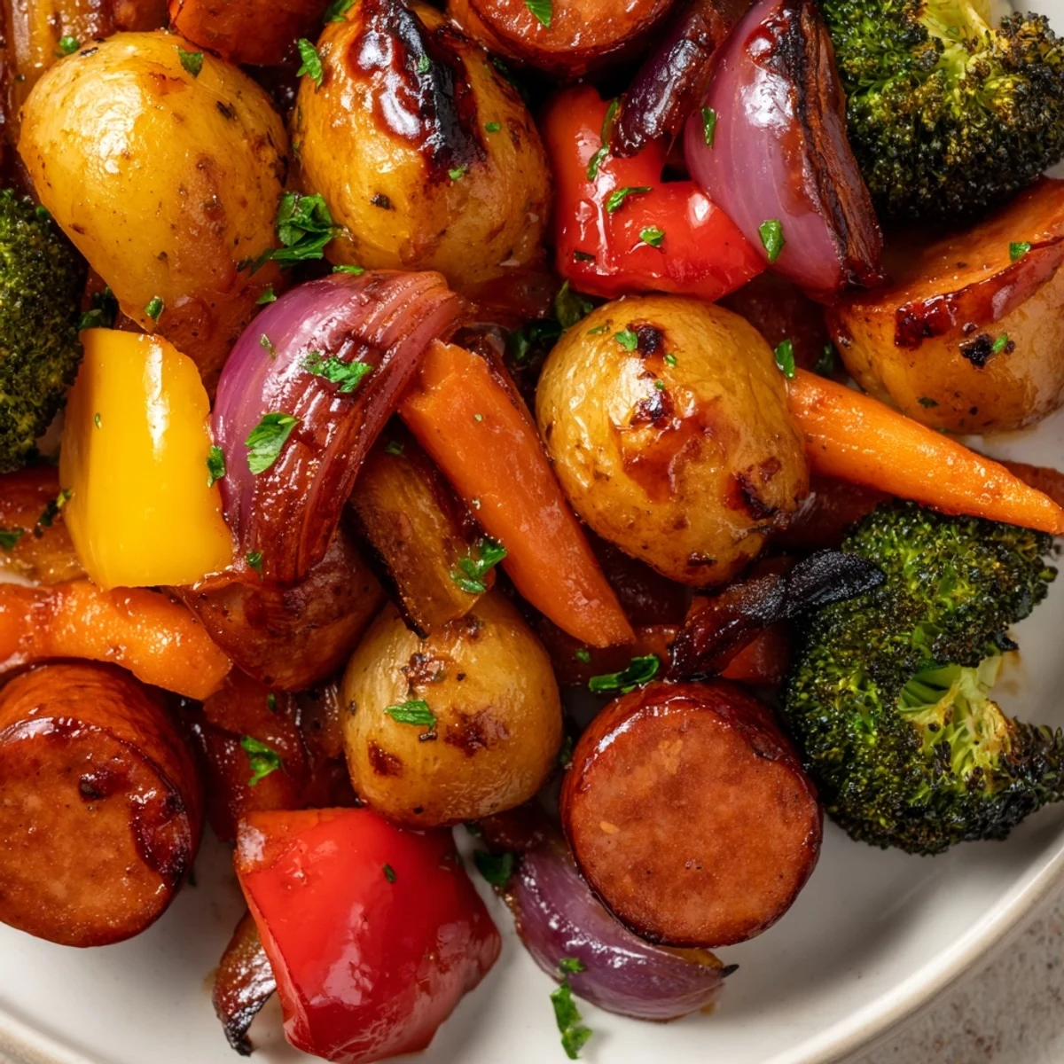Colorful One Pan Honey Garlic Kielbasa Veggies glistening with sticky sweet-savory glaze