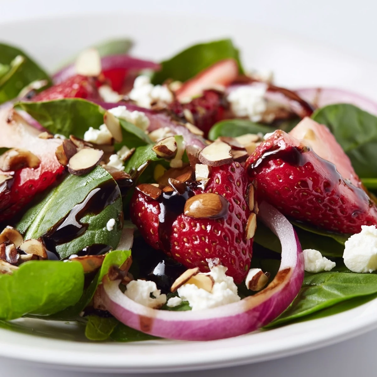 Fresh strawberry spinach salad with glossy balsamic poppy seed dressing drizzled on top