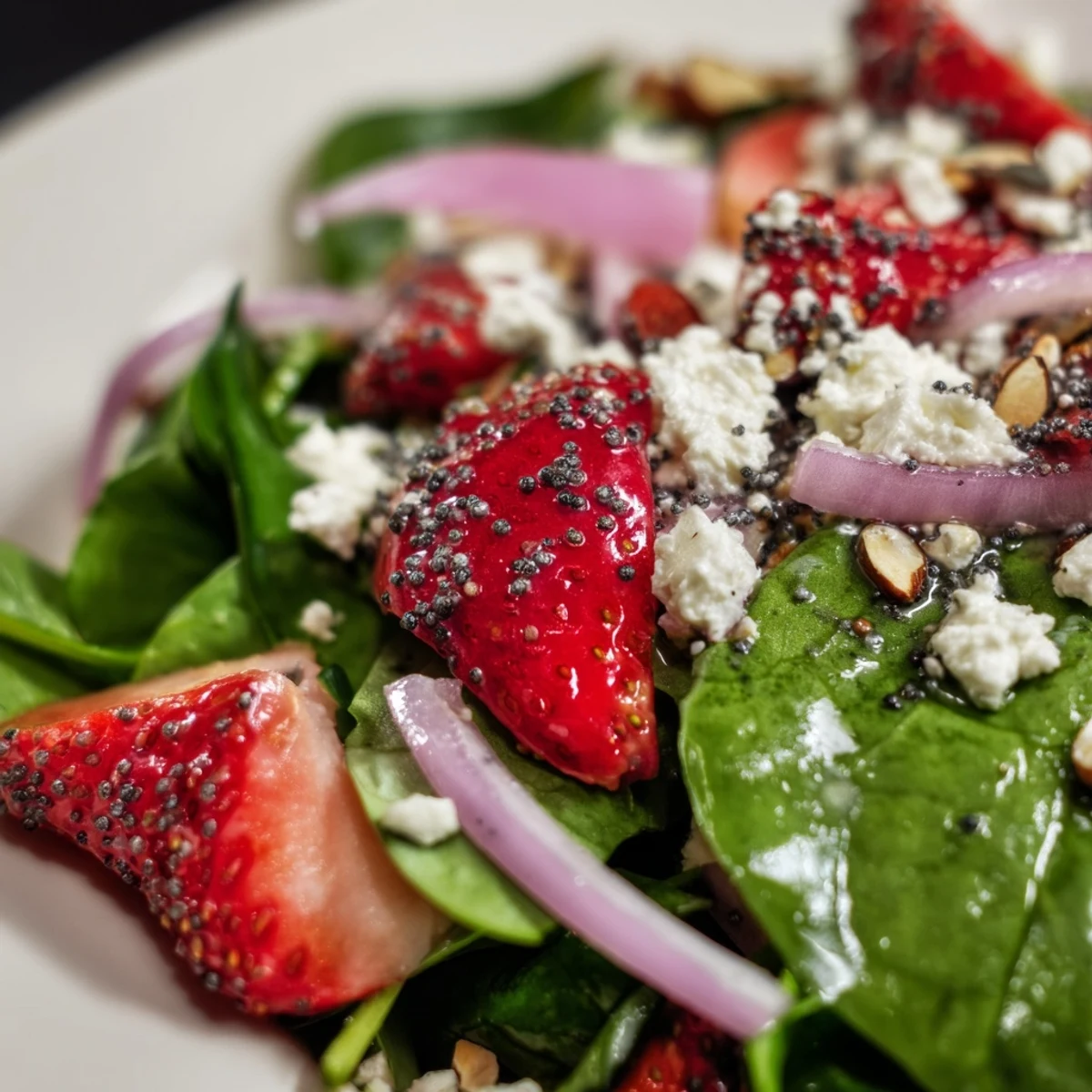 Bright strawberries and tender baby spinach tossed in tangy balsamic poppy seed dressing