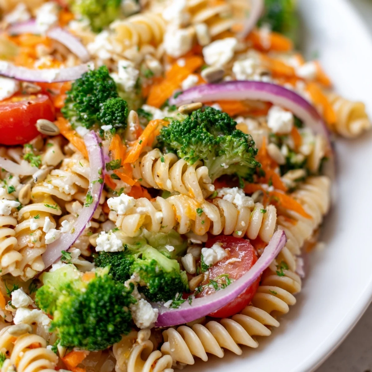 Fresh broccoli pasta salad in a serving bowl with cherry tomatoes and zesty lemon dressing