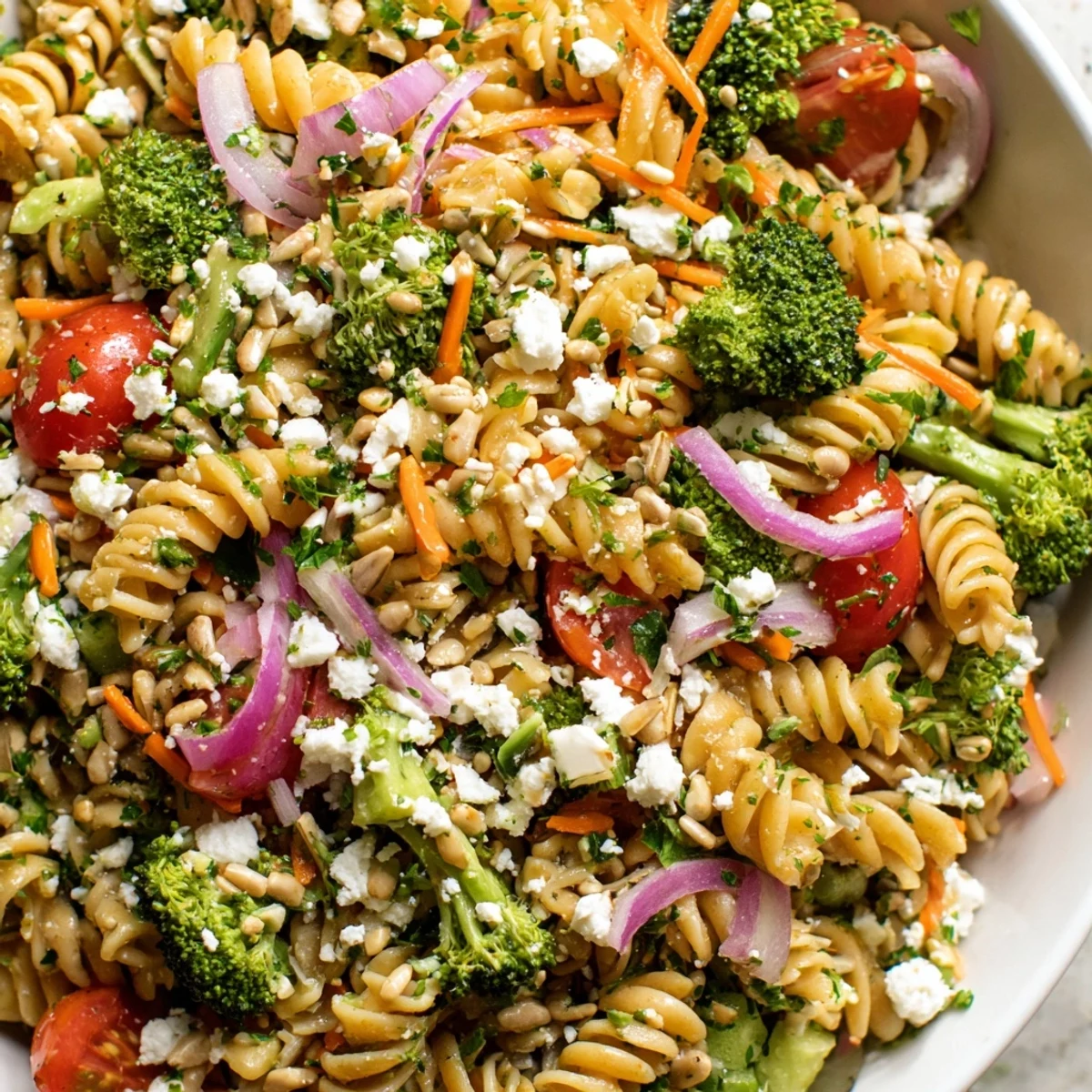 Crisp broccoli pasta salad topped with crumbled feta cheese and toasted sunflower seeds