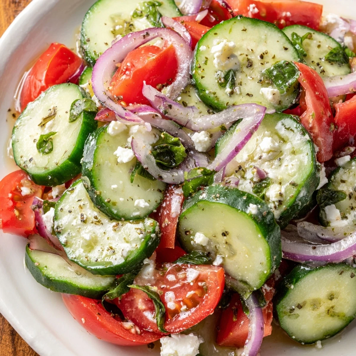 Crisp Italian cucumber salad with ripe tomatoes and zesty herb dressing in white bowl