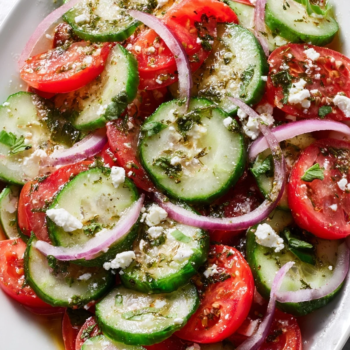 Fresh Italian cucumber salad featuring sliced vegetables tossed in tangy red wine vinaigrette