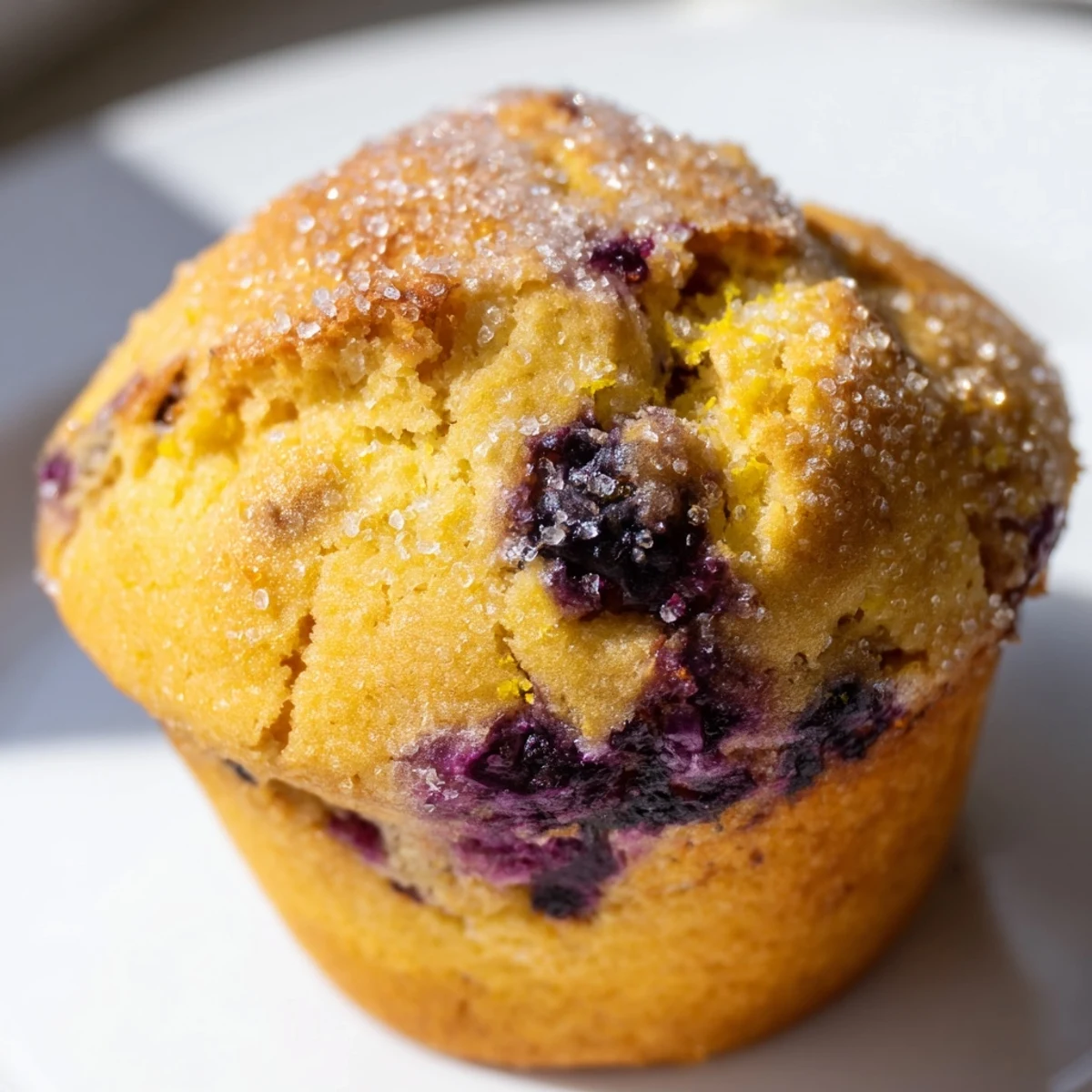 Golden Lemon Blueberry Muffins with sparkling sugar tops, fresh from the oven.