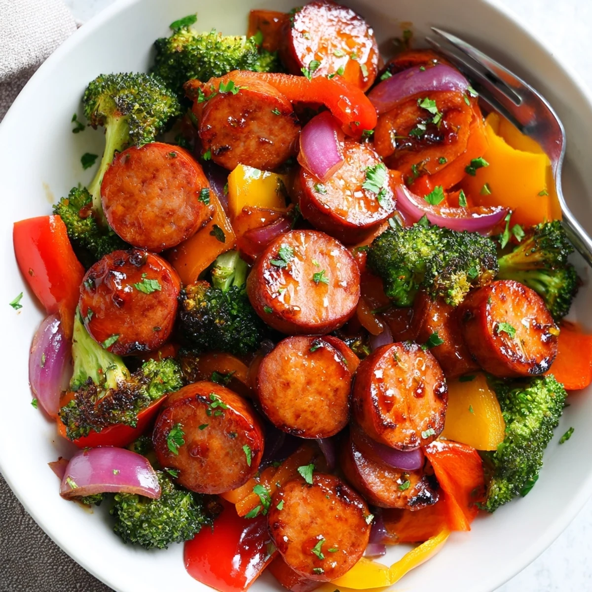 One Pan Honey Garlic Kielbasa Veggies roasted golden on a sheet pan with colorful tender broccoli and bell peppers