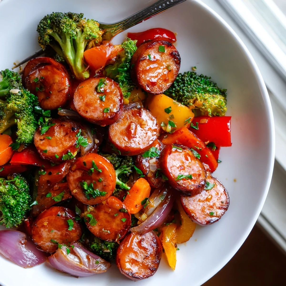 Glossy honey garlic glaze coats sliced kielbasa and caramelized vegetables fresh from the oven on parchment paper