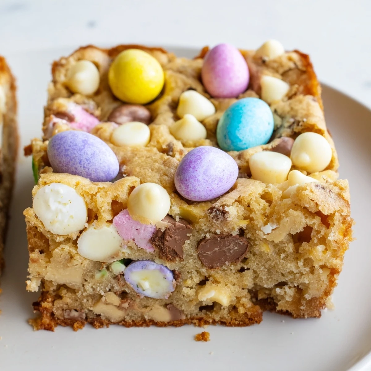 Golden Mini Cadbury Easter Egg blondies with colorful candy topping on rustic wooden board