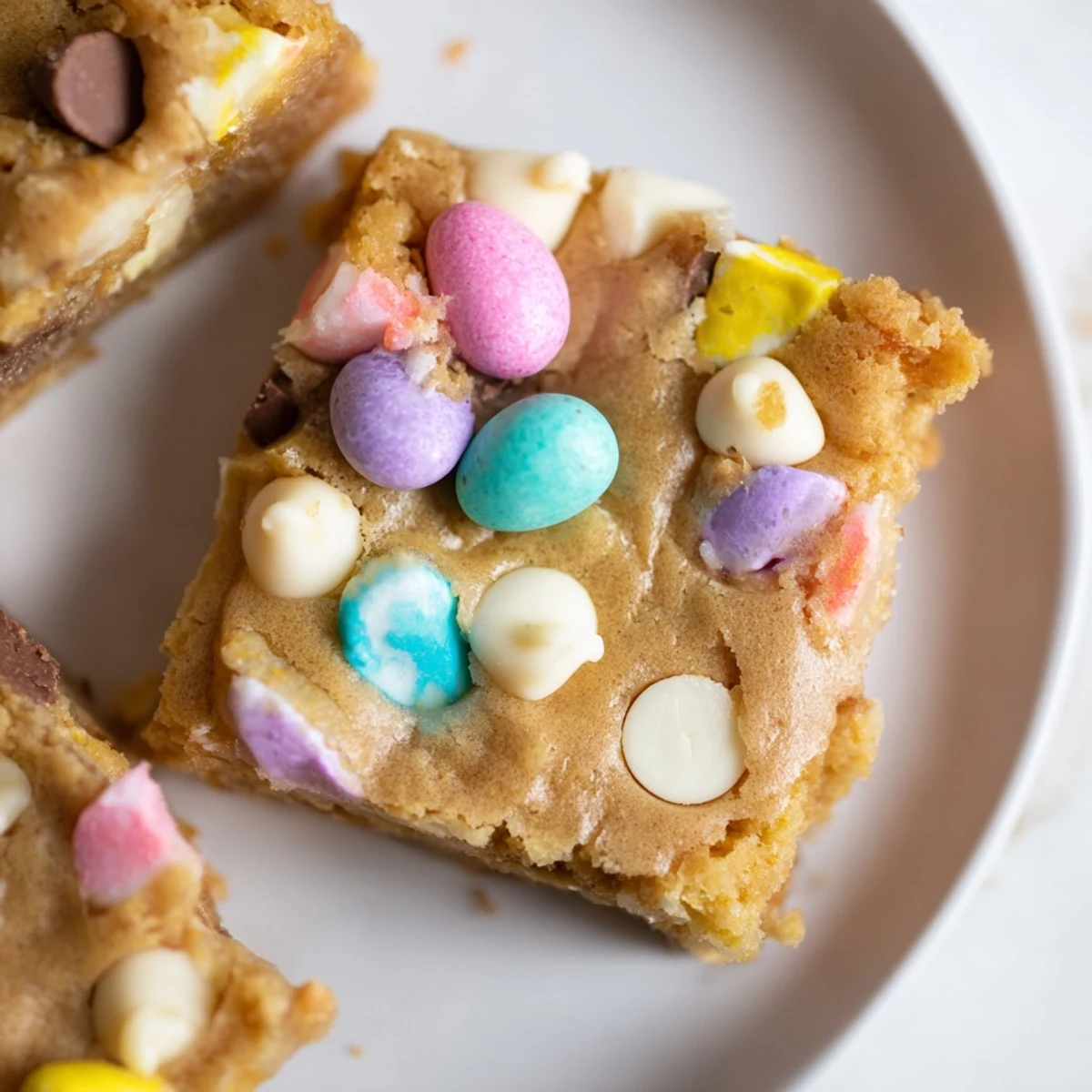 Festive spring dessert featuring Mini Cadbury Easter Egg blondies with pastel candy sprinkles throughout