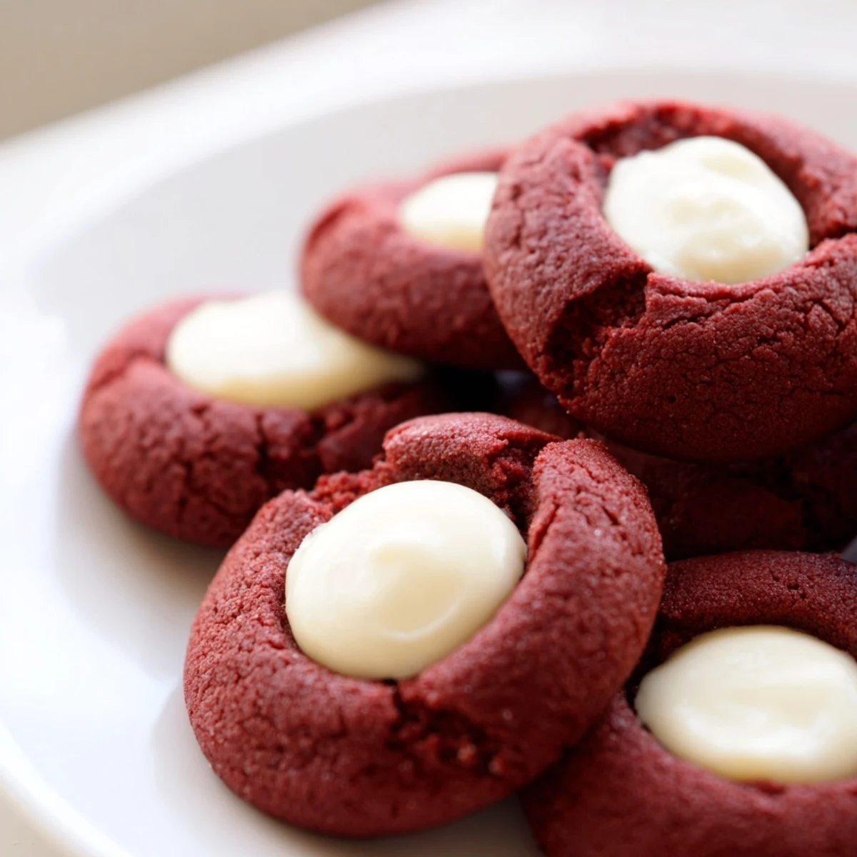 Red velvet thumbprint cookies with creamy cheesecake filling on a white parchment-lined baking sheet