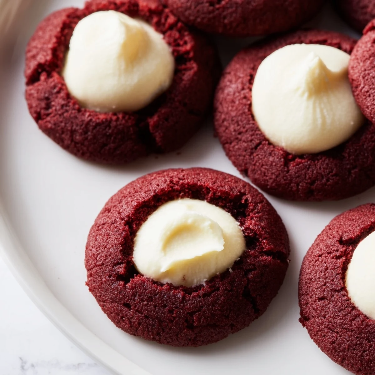 Bright red velvet thumbprint cookies showcase dollops of smooth cream cheese filling fresh from the oven