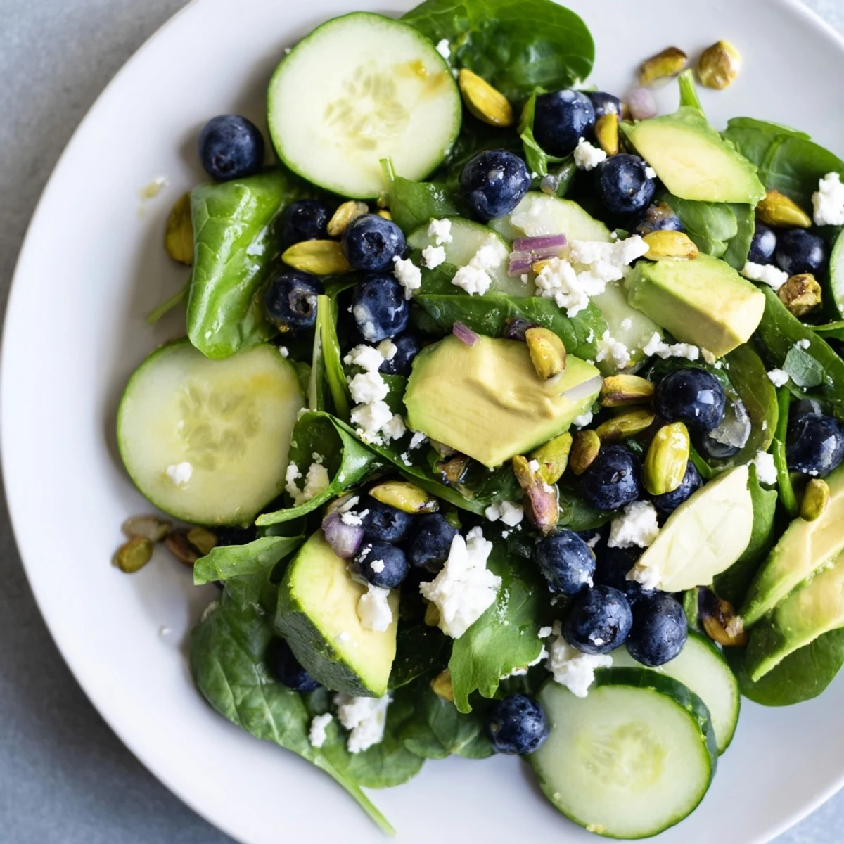 Vibrant blueberry pistachio spring salad featuring crisp greens cucumber and tangy lemon dressing