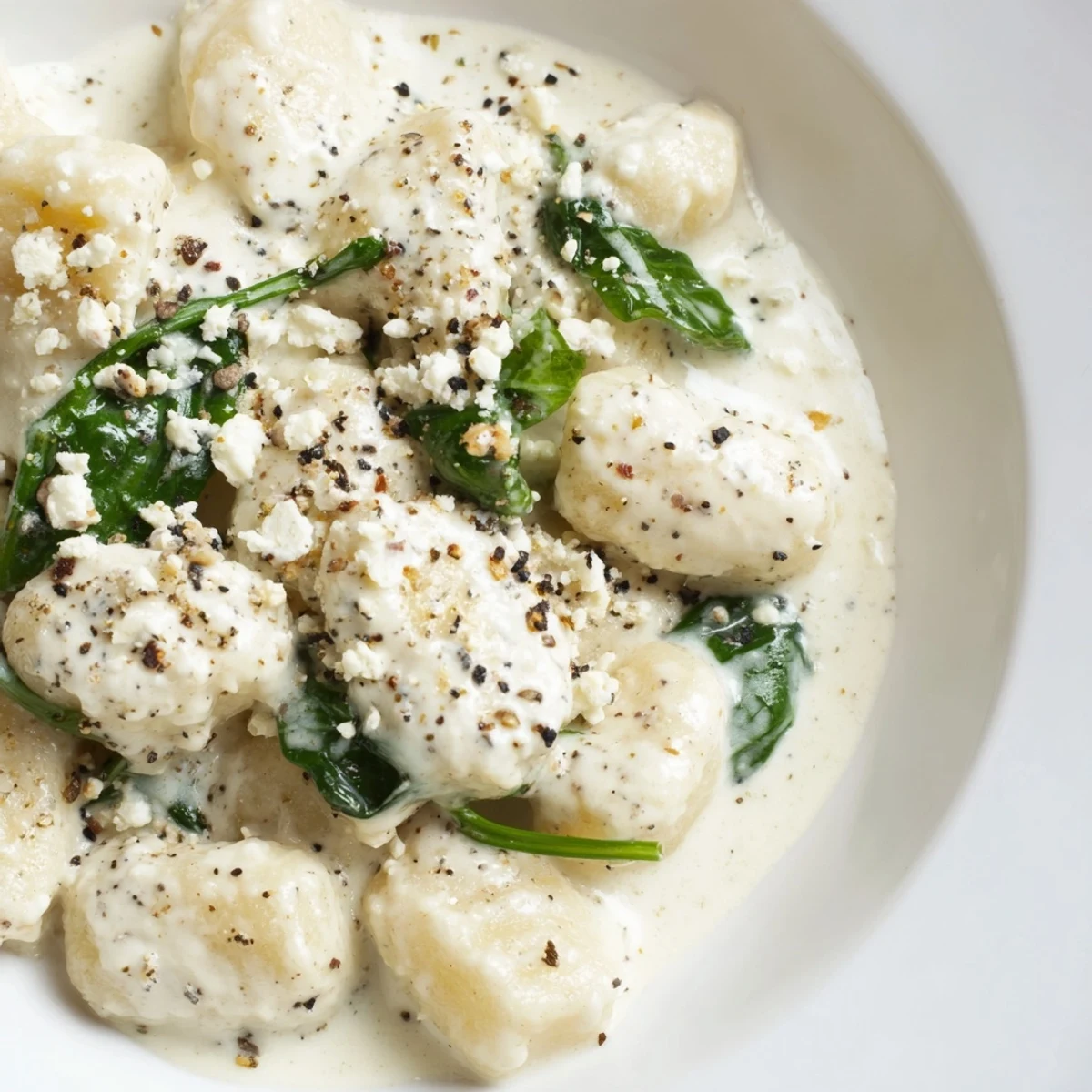 Bowl of creamy gnocchi with spinach and feta topped with cracked pepper