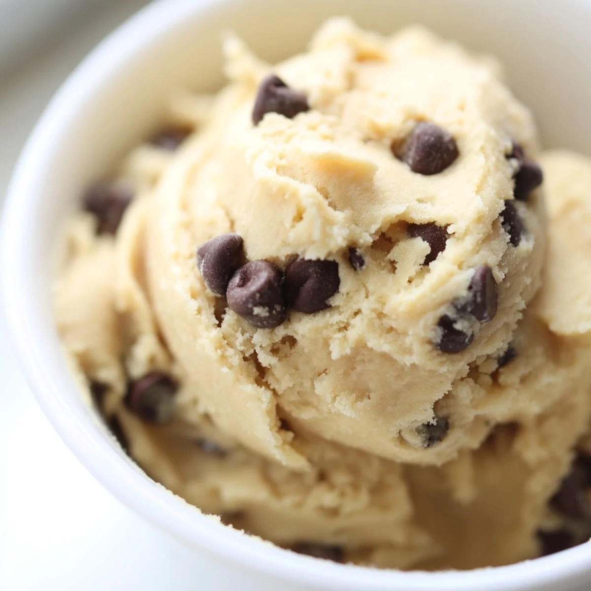 Edible chocolate chip cookie dough in a bowl speckled with rich chocolate chunks