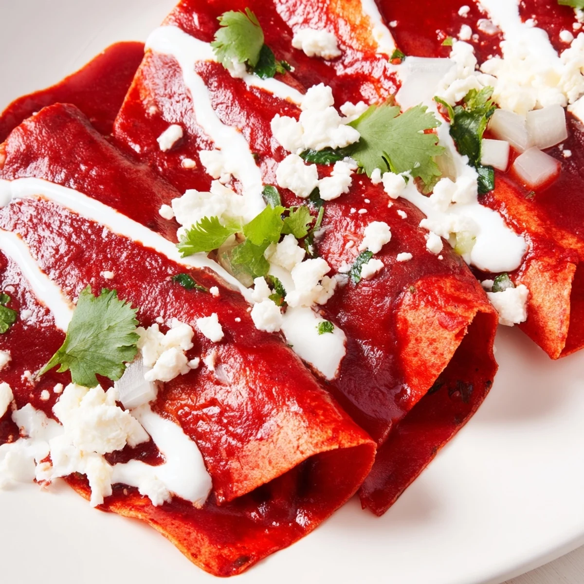 Entomatadas topped with crumbled queso fresco, fresh cilantro, and creamy Mexican crema drizzle