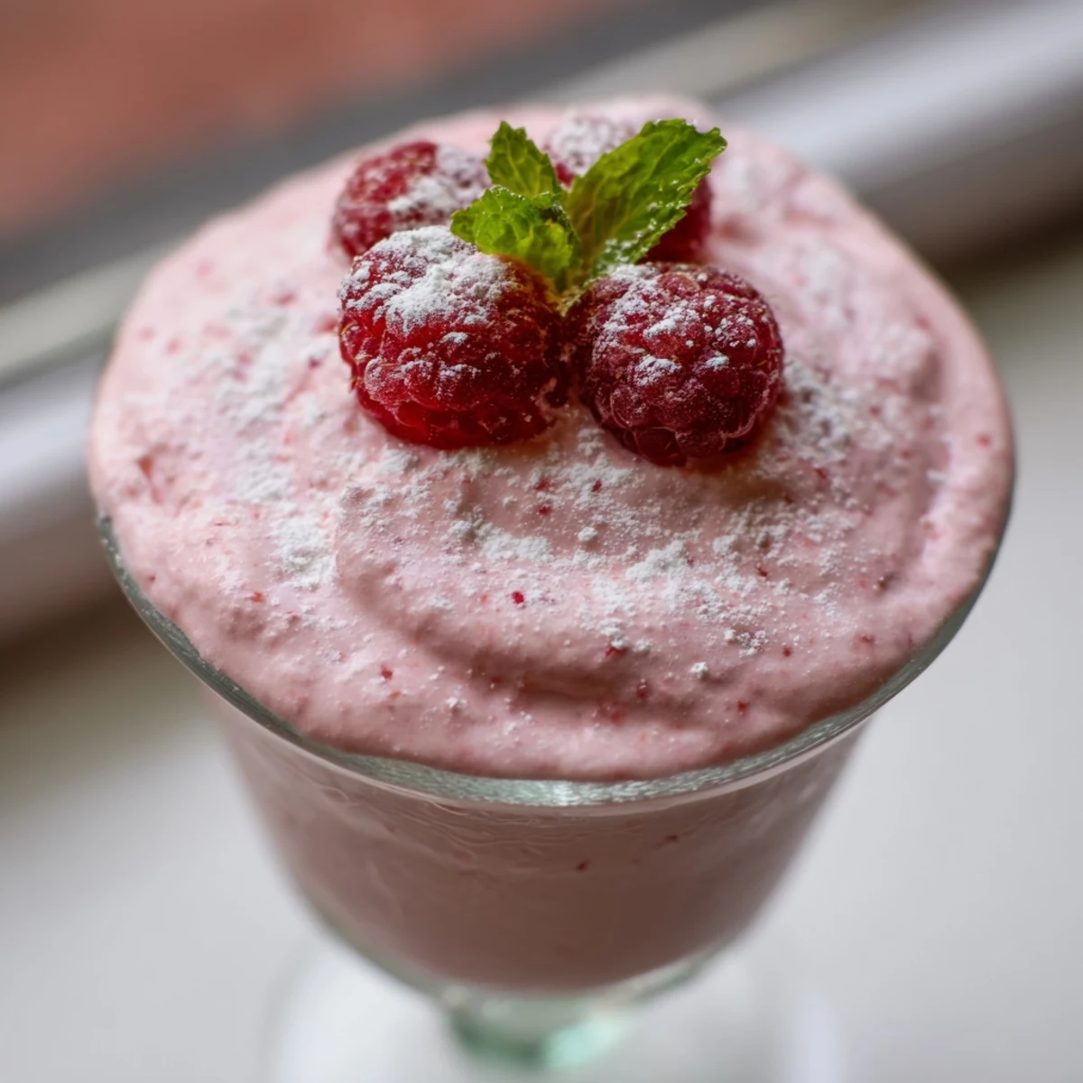 Fresh Raspberry Cloud Mousse in elegant glasses topped with bright red berries and mint leaves