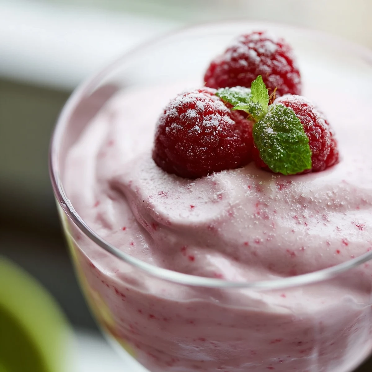 Silky pink Fresh Raspberry Cloud Mousse served in crystal dessert cups with fresh berry garnish